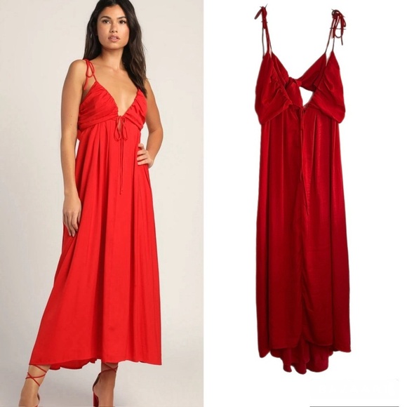 Lulus Dresses & Skirts - Lulu's Confidence Check Red Satin Cutout Tie Back Maxi Strappy Maxi Dress